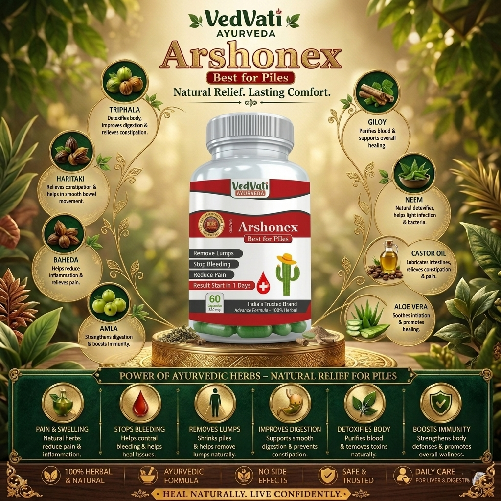 Vedvati Arshonex Capsules – 100% Herbal Relief for Piles, Bleeding & Pain (60 Capsules) - Image 4